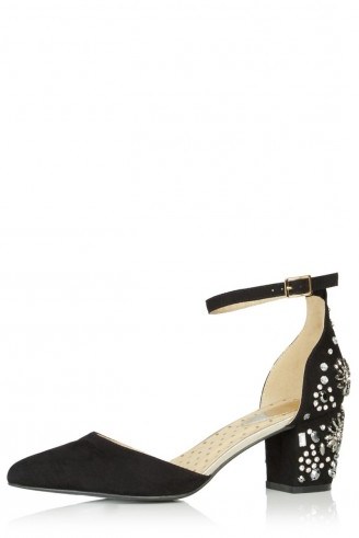 OASIS Bessie Bejewelled Courts black. Embellished mid heels / party shoes / evening accessories / ankle strap / jewelled footwear / ankle straps - flipped