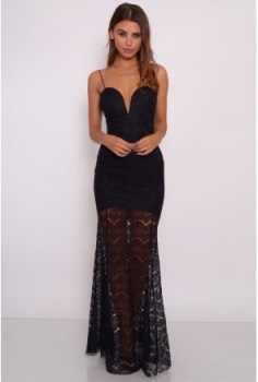 Rare London Limited Edition – Black Lace Illusion Maxi Dress. Long evening dresses / semi sheer party fashion / going out glamour / plunging neckline - flipped