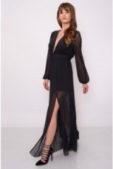 Rare Black Plunge Long Sleeve Maxi Dress. Plunging evening dresses / long party dresses / going out glamour / semi sheer