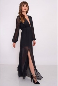 Rare Black Plunge Long Sleeve Maxi Dress. Plunging evening dresses / long party dresses / going out glamour / semi sheer - flipped