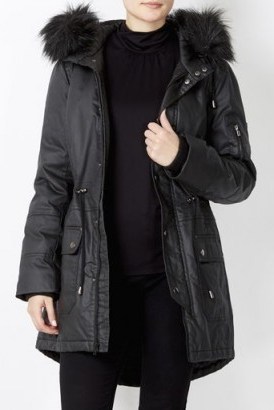 Wallis black wax cotton parka coat. Winter coats / parkas / faux fur hood / warm jackets / weekend outerwear - flipped