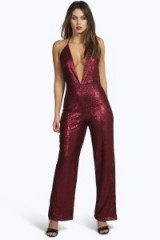 boohoo Boutique Lisa plunging strappy sequin jumpsuit wine – party style – going out glamour – embellished red jumpsuits – plunge necklines – evening fashion