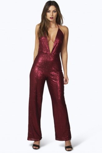 boohoo Boutique Lisa plunging strappy sequin jumpsuit wine – party style – going out glamour – embellished red jumpsuits – plunge necklines – evening fashion - flipped