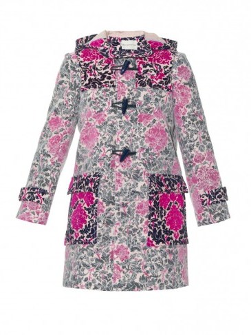 MARY KATRANTZOU Chanty Rose-Phillipe lace-overlay duffle coat pink & navy. Designer coats ~ textured fashion ~ floral prints ~ rich & ornate fabrics - flipped