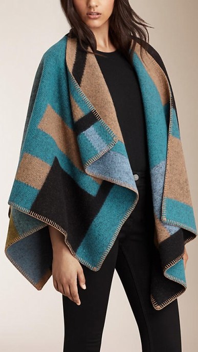 Burberry blanket poncho in dusty teal blue. Winter outerwear / designer ponchos / stylish capes / luxury wraps - flipped