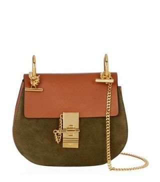 Chloé Mini Drew Leather And Suede Shoulder Bag in caramel / green – in the style of Chrissy Teigen (different colour) out in New York City, 15 November 2015. Celebrity fashion | star style | what celebrities wear / carry | designer bags | luxury handbags - flipped