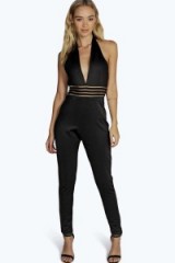 BOOHOO NIGHT CORA CROSS OVER PLUNGE STRIPE MESH JUMPSUIT. Plunging necklines | deep V jumpsuits | going out fashion | evening wear