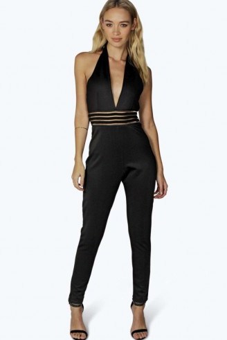 BOOHOO NIGHT CORA CROSS OVER PLUNGE STRIPE MESH JUMPSUIT. Plunging necklines | deep V jumpsuits | going out fashion | evening wear - flipped