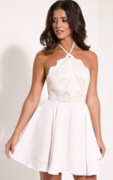 PrettyLittleThing Luella cream lace halterneck skater dress – Party dresses – going out – evening fashion – feminine style – Lucy Mecklenburgh collection