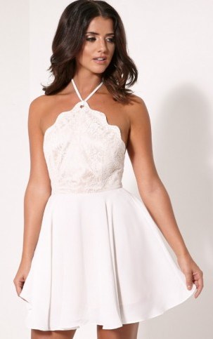 PrettyLittleThing Luella cream lace halterneck skater dress – Party dresses – going out – evening fashion – feminine style – Lucy Mecklenburgh collection - flipped