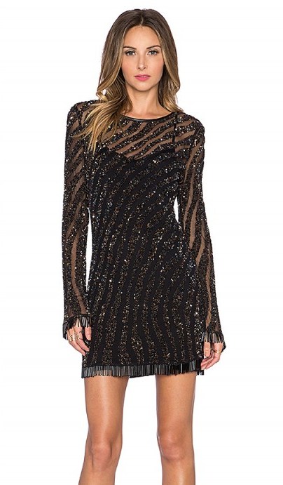 DEBY DEBO – Devon Black Embellished Dress covered in sequins & a fringe bead detail ~ semi sheer party dresses ~ special occasion fashion ~ sequins & beads ~ evening glitz and glamour - flipped