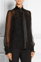 DOLCE & GABBANA Pussy-bow lace-trimmed silk-blend chiffon blouse black. Feminine style ~ Victoriana ~ ruffled high neck ~ sheer blouses ~ luxury fashion