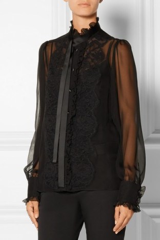 DOLCE & GABBANA Pussy-bow lace-trimmed silk-blend chiffon blouse black. Feminine style ~ Victoriana ~ ruffled high neck ~ sheer blouses ~ luxury fashion - flipped