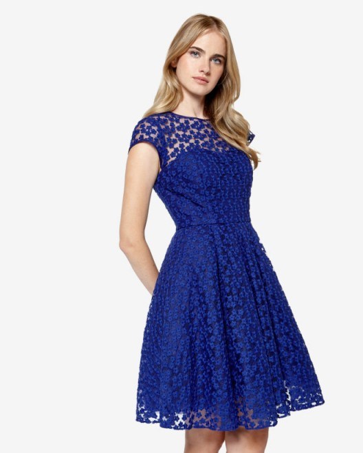 Ted Baker NATALYA Embroidered floral dress blue. flower embroidery / occasion fit and flare dresses - flipped
