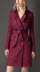 BURBERRY cherry pink English lace trench coat – statement coats – cerise fashion – womens designer outerwear – belted style