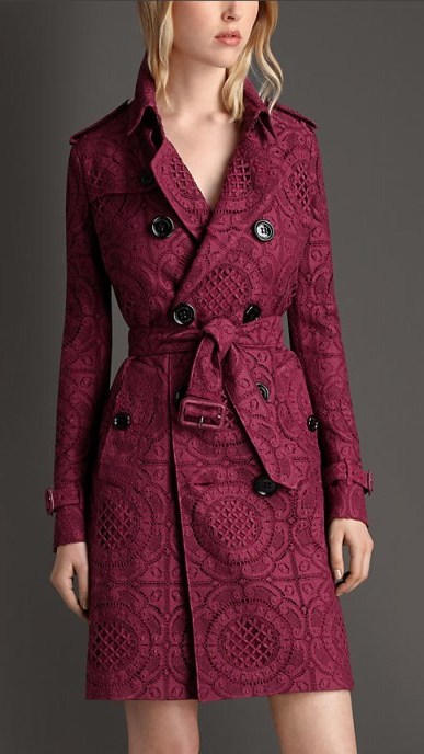 BURBERRY cherry pink English lace trench coat – statement coats – cerise fashion – womens designer outerwear – belted style - flipped