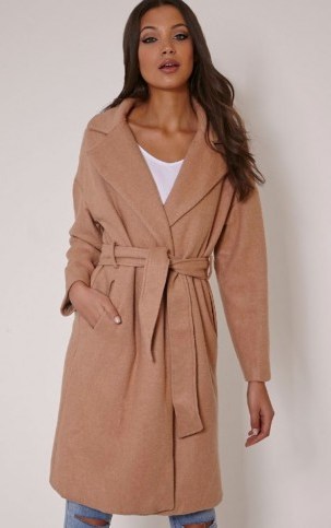 PrettyLittleThing Evangeline camel belted wool trench coat – winter coats – chic outerwear – oversized design – relaxed fit – fashion – classic style - flipped