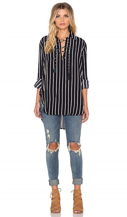 FAITHFULL THE BRAND – Stevie Tilbury Stripe Shirt in Navy, Taupe & White – as worn by Kourtney Kardashian out in Beverly Hills, 27 November 2015. Celebrity fashion | oversized shirts | what celebrities wear | star style p - flipped