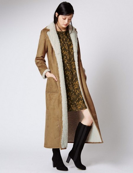 M&S LIMITED EDITION Camel Faux Suede Collared Neck Shearling Coat. Winter coats / warm outerwear / Marks and Spencer / longline / womens fashion - flipped