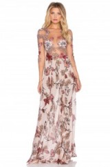 FOR LOVE & LEMONS – Sierra Maxi Dress in blush floral. Plunging party dresses | sheer plunge front | low cut evening wear | deep V gowns