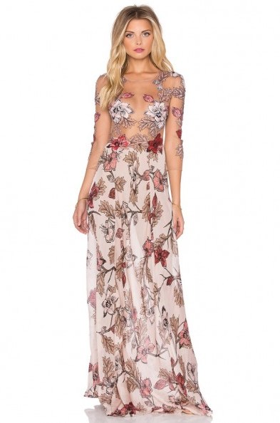 FOR LOVE & LEMONS – Sierra Maxi Dress in blush floral. Plunging party dresses | sheer plunge front | low cut evening wear | deep V gowns - flipped
