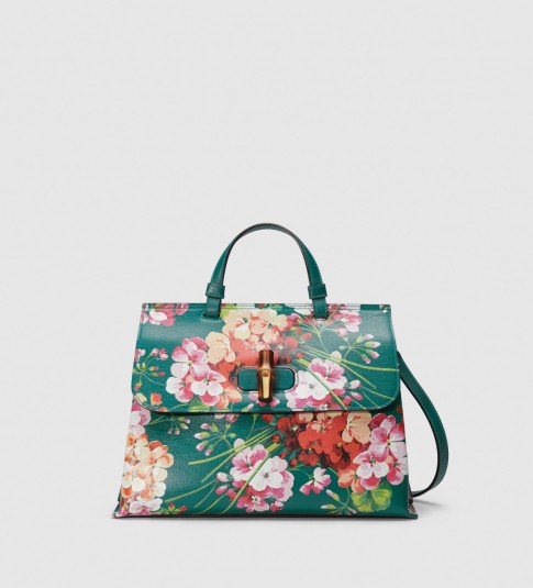 GUCCI Bamboo Daily Blooms Top Handle Bag in emerald green – as worn by Katie Holmes out in Los Angeles on Sunday 15 November 2015. Celebrity fashion | designer handbags | floral bags | what celebrities wear / carry | star style