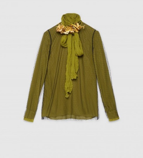GUCCI olive green layered silk shirt with a detachable black net tulle overlay - flipped