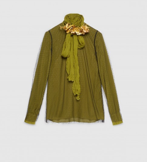 GUCCI olive green layered silk shirt with a detachable black net tulle overlay