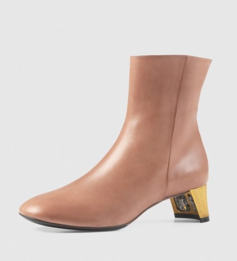 GUCCI Leather ankle boot light mauve. Crystal heeled boots / gold half moon heel / designer footwear - flipped