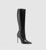GUCCI Leather knee boot black. Knee high boots / stiletto heels / pointed toe / mother of pearl GG buttons / designer footwear