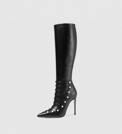 GUCCI Leather knee boot black. Knee high boots / stiletto heels / pointed toe / mother of pearl GG buttons / designer footwear - flipped