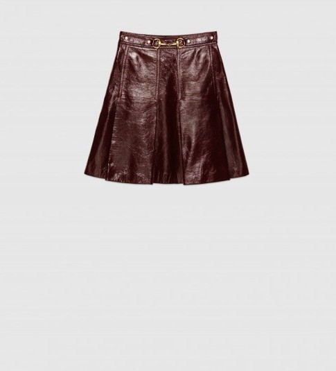 GUCCI – light patent dark brown leather pleated mini skirt with gold horsebit detail on the waist - flipped