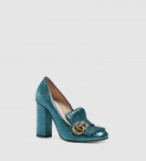 GUCCI Metallic leather pump. Block heel shoes / designer high heels / blue metallics / double G / fringe detail
