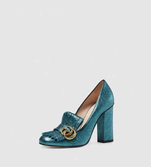 GUCCI Metallic leather pump. Block heel shoes / designer high heels / blue metallics / double G / fringe detail - flipped