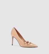 GUCCI blush pink patent leather high heel pump with mother of pearl buttons and pointed toe