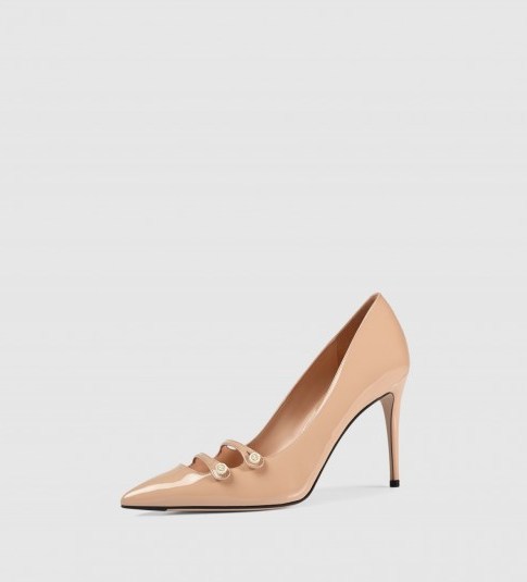 GUCCI blush pink patent leather high heel pump with mother of pearl buttons and pointed toe - flipped
