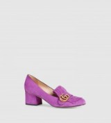 GUCCI Suede mid-heel pump purple. Designer mid heels / beautiful slip on shoes / lavender suede / fringe detail / double G