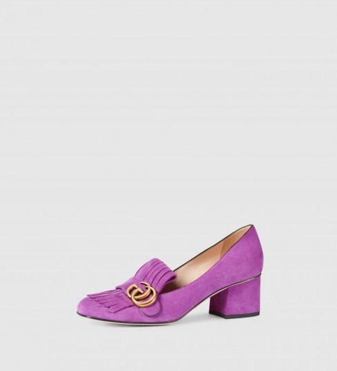 GUCCI Suede mid-heel pump purple. Designer mid heels / beautiful slip on shoes / lavender suede / fringe detail / double G - flipped