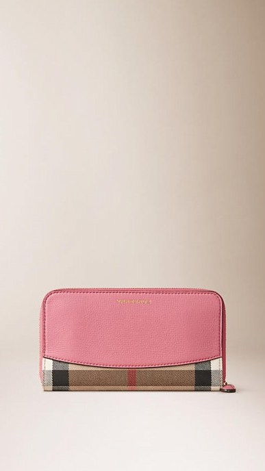 BURBERRY mauve pink leather & check zip around wallet – purses – accessories – womens designer wallets - flipped