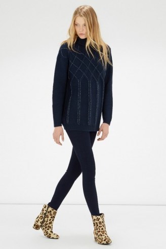 WAREHOUSE Bugle embellished cable jumper blue. Roll neck jumpers / beaded jumpers / knitwear / winter fashion / casual style - flipped