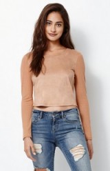 Kendall & Kylie Faux Suede Ribbed Long Sleeve Top in tan. Casual tops | cropped | weekend style fashion