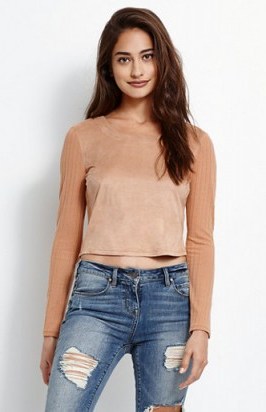 Kendall & Kylie Faux Suede Ribbed Long Sleeve Top in tan. Casual tops | cropped | weekend style fashion - flipped