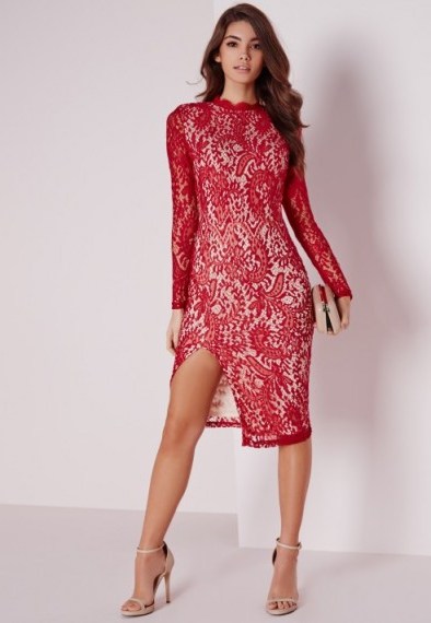 Missguided red lace high neck midi dress. Party dresses / evening fashion / cut out back / glamour / long sleeve - flipped
