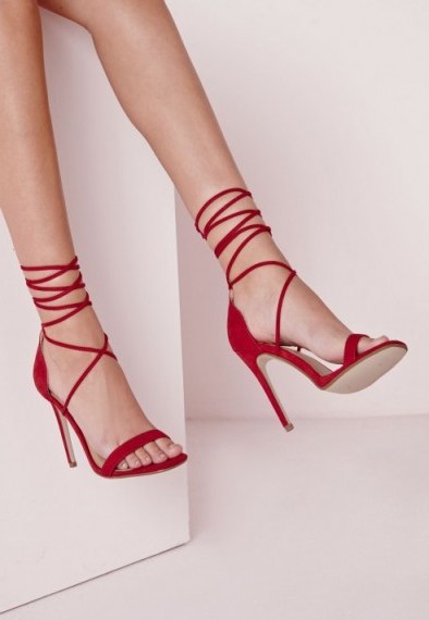 MISSGUIDED – lace up barely there heeled sandals red. Party shoes ~ strappy evening heels ~ ankle ties ~ going out high heels ~ parties - flipped