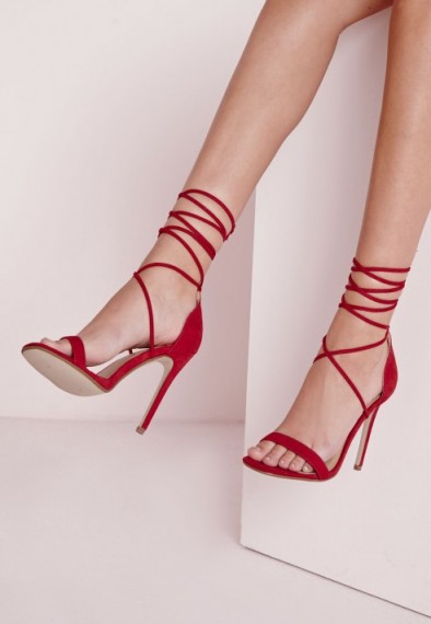 MISSGUIDED – lace up barely there heeled sandals red. Party shoes ~ strappy evening heels ~ ankle ties ~ going out high heels ~ parties