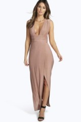 boohoo Night Laura deep plunge gathered waist maxi dress mauve – evening glamour – long party dresses – going out fashion