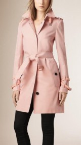 BURBERRY ice pink cotton gabardine trench coat with leather trim – belted macs – designer raincoats – winter coats