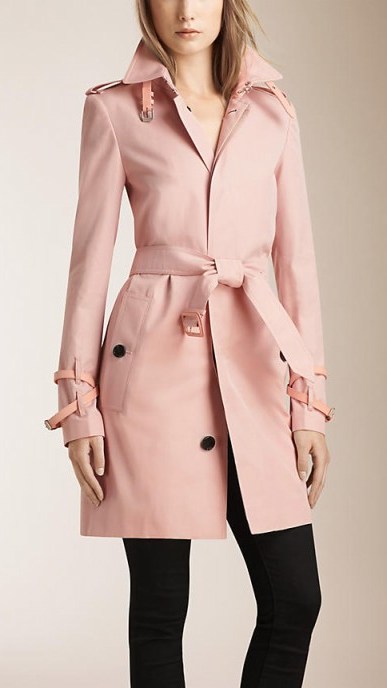 BURBERRY ice pink cotton gabardine trench coat with leather trim – belted macs – designer raincoats – winter coats - flipped