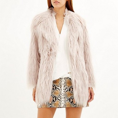 River Island Light pink faux fur shaggy coat – as worn by Jade Thirwall posted on Instagram, October 2015. Celebrity fashion | warm winter coats | fluffy style jackets | what celebrities wear | Little Mix - flipped
