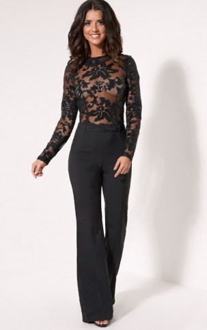 PrettyLittleThing Lindie black sequin pattern jumpsuit – party jumpsuits – going out glamour – evening fashion – Lucy Mecklenburgh collection - flipped